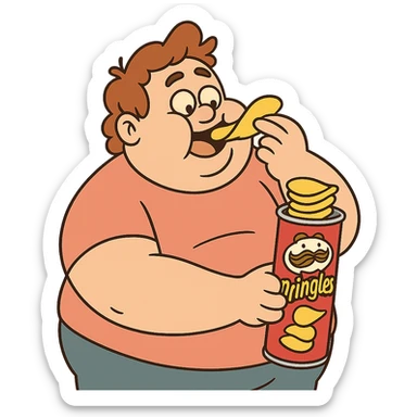 chubby character eating a stack of Pringles, fun and whimsical sticker
