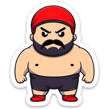 Close-up of extremely fat white skin guy with young face, prominent BLACK DURAG tied clearly on head, distinct black beard and mustache, no muscle, black eyes in a red and black wrestling singlet with angry face sticker