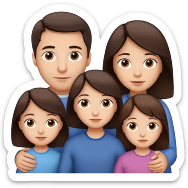 Family portrait with father with dark brown hair and black eyes, mother with light brown hair and brown eyes, three brown little girls with brown eyes sticker