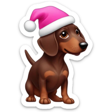 Chocolate sausage dog puppy with pink equafleece and a christmas hat sticker