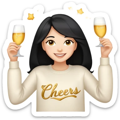 A woman with longer black hair, light to medium skin tone, full cheeks, and almond-shaped eyes, wearing a simple white sweater with the word 'cheers' in gold script, joyful and radiant expression, cheerful, emoji style, just her torso. sticker