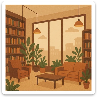 modern bookstore in urban setting, large windows, plants, comfortable seating, modern lighting sticker