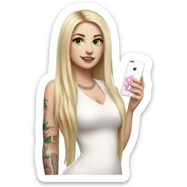 Realistic White girl with Long straight blonde hair, green eyes, tattoos, full body wearing white dress and pink knee-high leather boots, doing cute selfie pose sticker