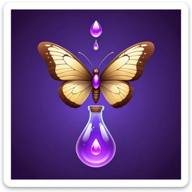 Small brown bottle floating with dim light, with a purple drop suspended in the air, slowly spinning in front of a luminous butterfly representing the thyroid sticker