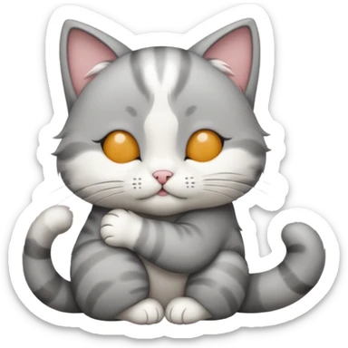 1 grey and white small cat with its eyes closed lying down leaning on its elbow with its paw curled under his head holding it up sticker