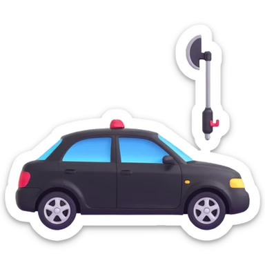 black luxury car door with a clearly visible dent on the bodywork, PDR (Paintless Dent Repair) tools such as rods positioned above the damage, elegant and modern sticker