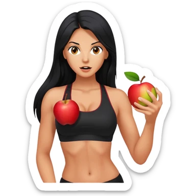 bitten apple in hand, long black hair tanned woman, black sports bra, hot sticker