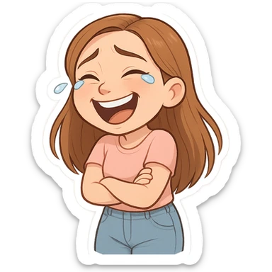 3D cartoon sticker of a 30-year-old woman with long light brown hair below shoulder blades, fair skin, large expressive blue eyes, slight bump on nose, wearing a pastel pink t-shirt and light blue mom jeans, laughing to tears expression, DreamWorks style, soft light, white sticker outline sticker