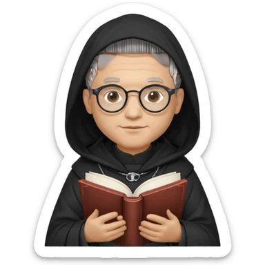 Monk priest prayer black habit with hood round black glasses done light brown wavy hair under hood remove the medallion smaller more round glassed age 46 no necklace more oval face hand holding book that says RB 480 top left is great add a little hair brown gray under hood  sticker
