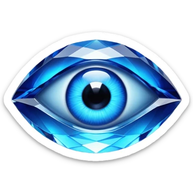 Cinematic Realistic image of a glass Evil Eye blue stone, rendered with translucent, luminous blue hues and finely cut facets that catch soft reflective light, set against a dark, minimalist backdrop to emphasize its mystical allure. sticker