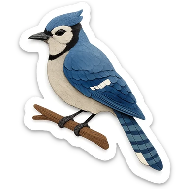 blue jay on a branch, layered paper details, realistic feather patterns sticker