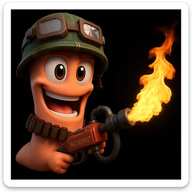 Create a 3D style image of the Worm from the Worms game wearing an army helmet and holding a flamethrower instead of the current weapon. Keep the same lighting and shading style as the reference image. sticker