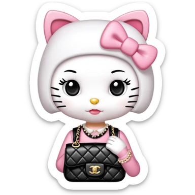 Hello Kitty wears in Chanel with a black bag Timeles sticker