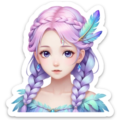 Beautiful gorgeous anime lady with beautiful iridescent-nebula-braided-hair, fashion aesthetic, ethereal, fairycore, pastelcore, feathers sticker