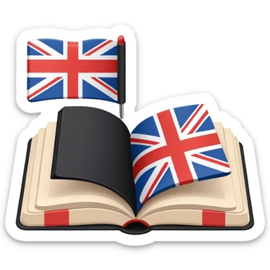 Minimalistic flat vector icon, iOS style, thin black contour on white background. Open book with a small UK/USA flag symbol. No text, no shadows. sticker