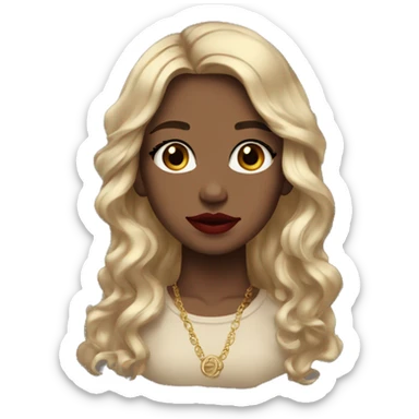 Girl with blue eyes, long brown wavy hair, gold earrings, red lipstick, black long sleeve  sticker