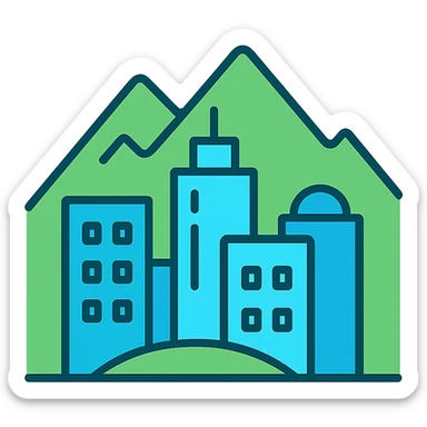 minimalist icon of a Colorado city with mountain peaks behind, cool blue and green tones sticker