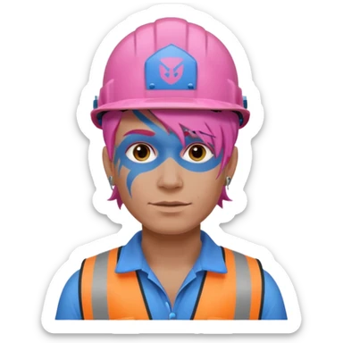 construction worker man pink hair, blue helmet and face tattoo sticker