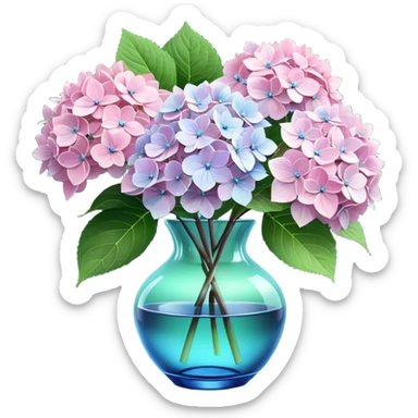 Hyperrealistic, 3D rendering, still life, smooth, clean thin lines, 8k,  pale pink, and white lush Hydrangeas with vivid leaves in blue crystal translucent glass vase, on dark wood stained table sticker