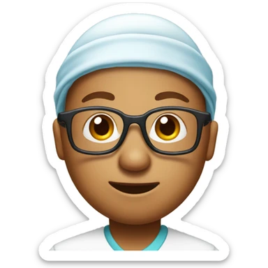 A poop emoji sweating and wearing a scrub cap with glasses. sticker