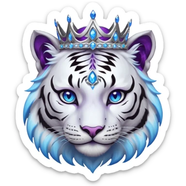 ESO Female white/black tiger khajiit leader of the umbral rose, glowing blue eyes, glowing blue 'third eye' gem; silver crown/tiara with purple gems  sticker
