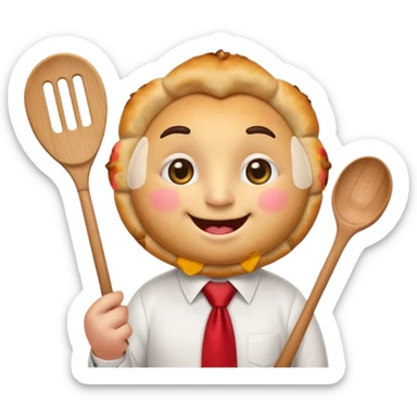 emoji style, happy fried empanada with face, big sparkling eyes, blushing cheeks, two buck teeth, red necktie, holding spatula, thick black outline, golden brown color, very cute and wholesome, transparent backgroun sticker