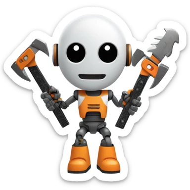 A robot with a human face and chainsaw hands sticker