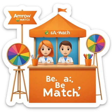 emoji of a recruitment booth. Two cartoon figures stand behind an orange table with 'MARROW, be a match' branding, a colorful spinning wheel, and a branded vertical banner. Simplified and cute. No fruit sticker