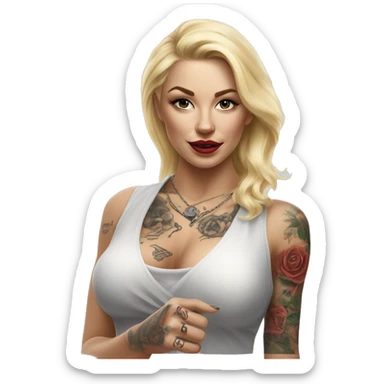 Blonde elegant women, her Body Covered with Tattoos, POINTING to YOU FORWARD with her ONE HAND , Hyper realistic sticker
