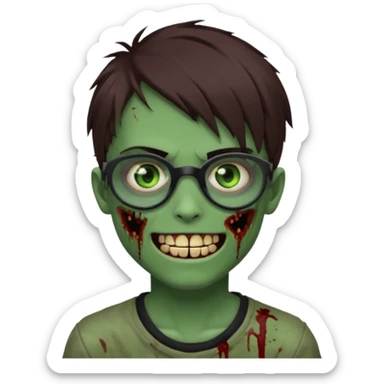 Zombie emo boy, green skin and brown hair and eyes, black glasses and a scary cut open smile, scars and blood under eyes sticker