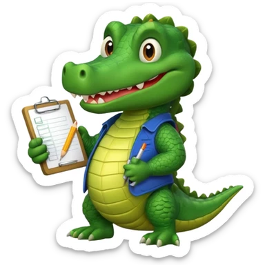 A cartoon gator with a clipboard and a pencil against a white background sticker