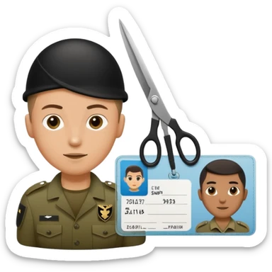 Floating black Scissors cutting in half an idf soldier ID card with a little chip in 2 parts sticker