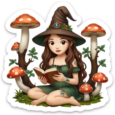 cute forest witch woman long wavy brown hair tattoos reading book on mushroom sticker