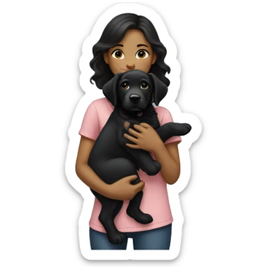 girl with dark hair holding black lab puppy sticker