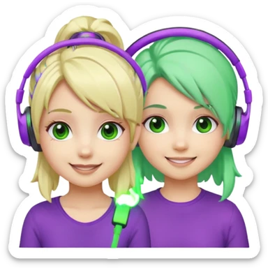 Make a blonde girl with green glowing headset on and a purple haired girl haveing fun , make them a chibi emoji page sticker