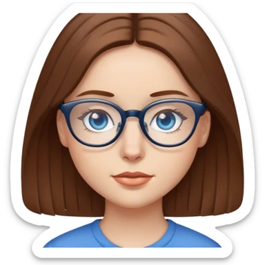 A girl with brown medium hair with blue eyes and a glasses sticker