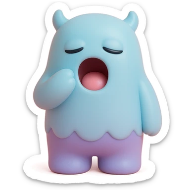 sleepy monster with half-closed eyes yawning, soft blue and lavender colors, toy-like vinyl figure style sticker