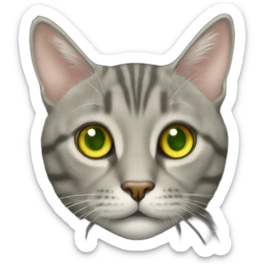 american short hair cat- tabby- a little bit fat- green yellow eyes- the distances between eyes is a little bit far- gray hair- fluffy- looks cute sticker