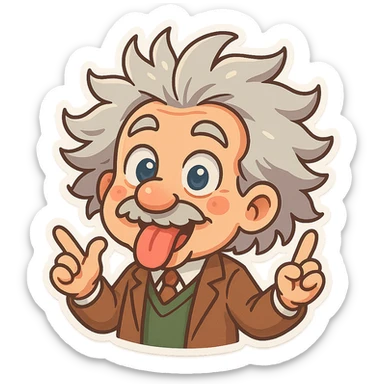 Einstein with wild hair, exaggerated silly features, zany face, cartoon style, playful and vibrant sticker