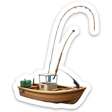 Icon for Fishing Travel: a boat on a calm lake surrounded by mountains and lush greenery, with fish jumping out of the water, a fishing rod, tackle box. The icon should capture the peaceful and adventurous nature of fishing trips. Transparent background. sticker