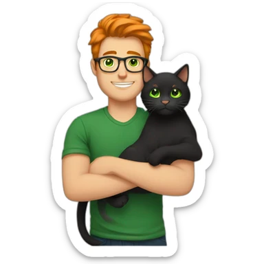 White guy with green eyes, black shirt hair and with glasses hug orange percian cat sticker