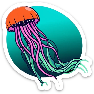 threatening glowing jellyfish with poisonous tentacles about to sting a surprised swimmer in the sea sticker