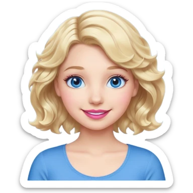 Girl Blonde short wavy hair,  blue eyes, cute blue top, long lashes, pink lips, 👄 big smile  sticker