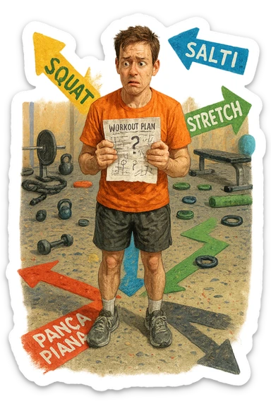 a person stands in the center of a gym, surrounded by arrows pointing in all directions, each labeled with a different exercise (e.g., “squat,” “Salti,” “stretch,” “Panca Piana”). The person looks bewildered, holding a workout plan with scribbles and question marks. The scene is colorful but visually messy, symbolizing confusion. in italiano immagine iperrealistica sticker