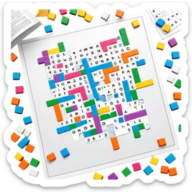 A photorealistic icon with a colorful, fragmented crossword magazine, a 3D puzzle, and a partially completed puzzle on a table. Bright, detailed design with realistic lighting. Transparent background, clearly symbolizing puzzles and brain games. sticker