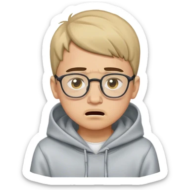 boy with glasses in hoodie and a two block haircut crying with a small mustache sticker