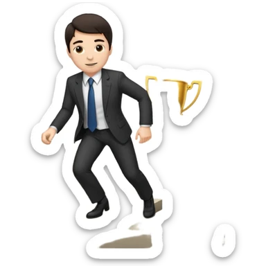 A man with fair skin and dark hair is climbing stairs to grab a trophy sticker