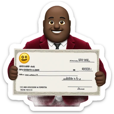 fat guy in dark red velvet suit holding cheque sticker
