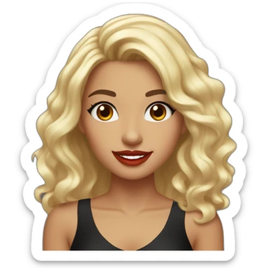 young moroccan woman with dark brown eyes, dark long curling hair with blond extrimity, red lips, big smile, black dress sticker