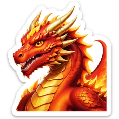 cinematic-noble-fierce-fire-dragon-portrait-emoji,-poised-and-imposing,-with-a-muscular,-scaled-body-ablaze-in-fiery-hues-of-crimson,-molten-orange,-and-molten-gold,-and-intense,-burning-eyes-that-mirror-the-heart-of-a-volcano;-rendered in detail sticker